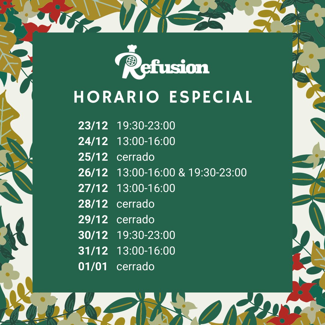 Aquí os comparto nuestro horario especial de las fiestas, os esperamos a todos! 🎄🎁 refusiondelivery.com

#ConLosRefugiados #Madrid #WithRefugees