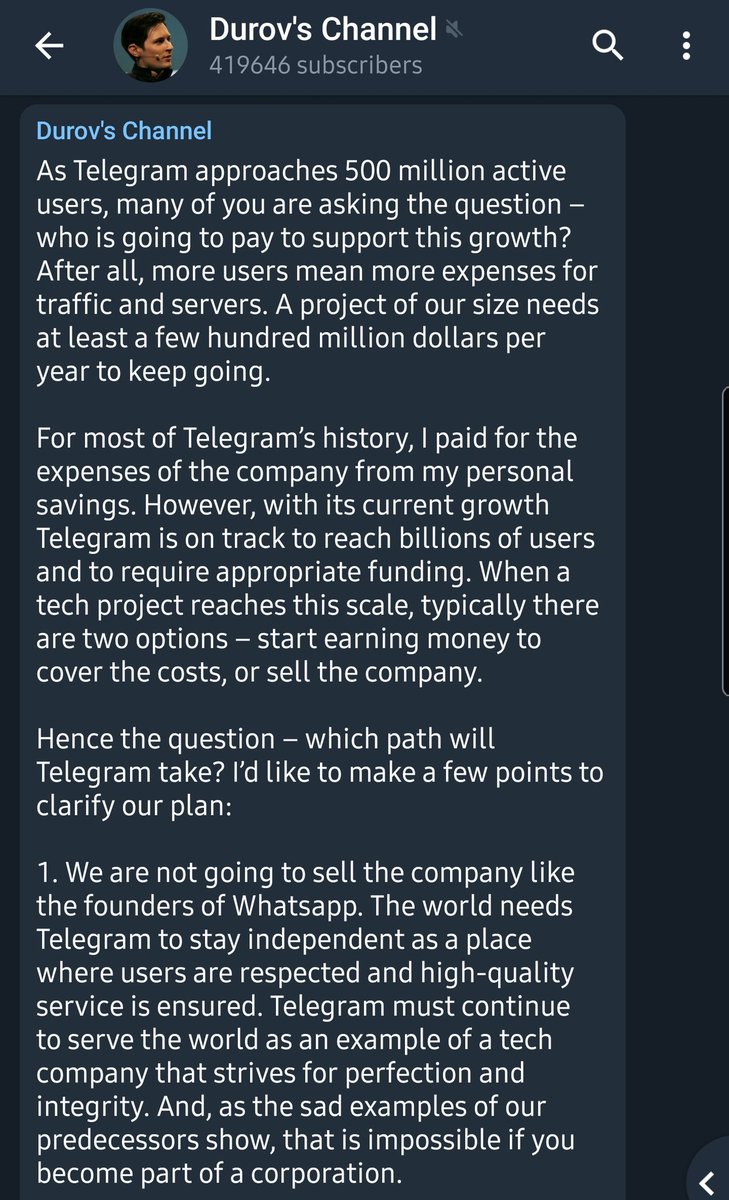 1/ Telegram announces that in 2021 it will need to begin generating income as Durov can no longer personally fund it's 500 millions active users. Durov states that Telegram will not go the WhatsApp route and sell the company. The goal is to remain independent.2