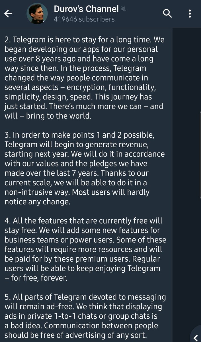2/ Telegram wants to "keep striving for perfection and integrity" and cannot do so under the thumb of a corporation. Telegram will add premium features for business and power users, which will need to be payed for by a premium subscription.