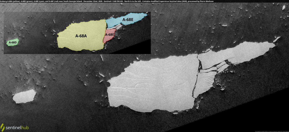 Satellite image of Iceberg A-68A (yellow), A-68D (green), A-68E (cyan), and A-68F (red) near South Georgia Island. Copernicus/Pierre Markuse