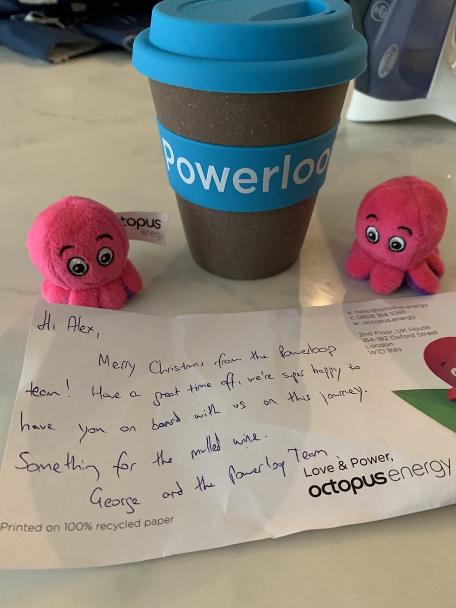 awhilton's tweet image. This little Christmas cheer from @octopus_energy / @OctopusEV #Powerloop will be making my daughter very happy. Finger puppet octopuses &amp;amp; perfectly child-sized ‘coffee’ cup. Wonderful. Thanks! Looking forward to being part of Powerloop #V2G trial v soon &amp;amp; still spaces to join...