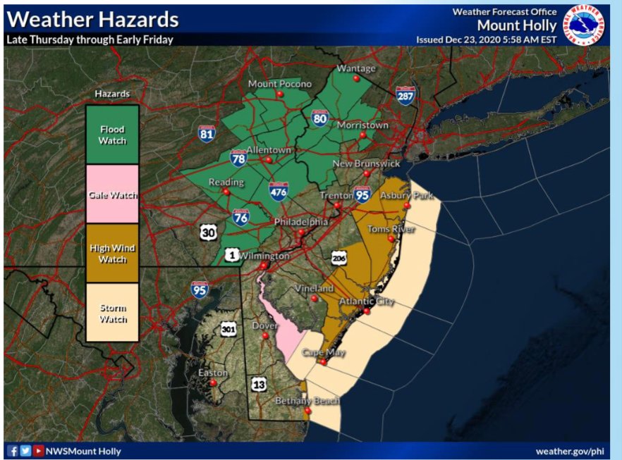 CCDES's tweet image. Wed 12/23@ 8:30am-The NWS Mt. Holly is advising the upcoming storm on Christmas Eve will have strong winds &amp;amp; heavy rainfall in Chester County.  A flood watch has been issued for our area. For more info visit weather.gov/phi