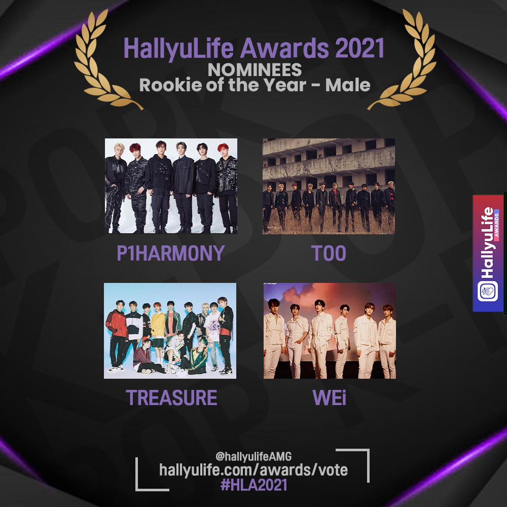 [#HLA2021🏆] Official nominees for the 'HallyuLife Awards - Rookie of the Year - Male' category! ✨😱😱

Vote link: hallyulife.com/awards/vote

*VOTING WILL START ON DECEMBER 24 at 5PM KST (GMT+9) and is open globally!

#CRAVITY #DRIPPIN #ENHYPEN #MCND #P1HARMONY #TOO #TREASURE #WEi