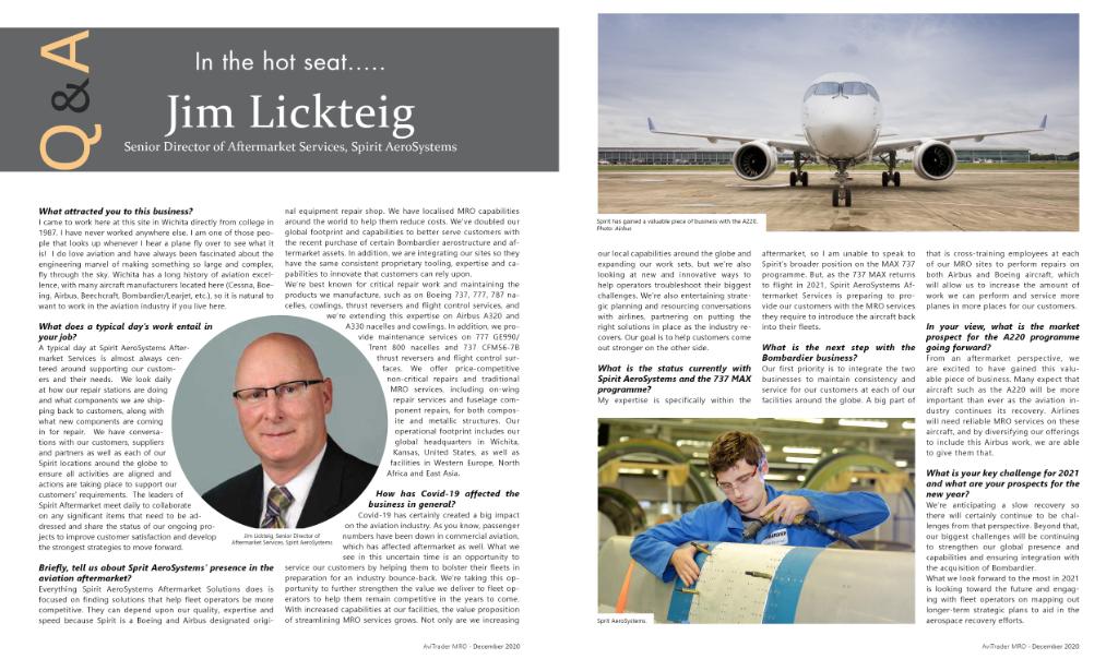 SpiritAero's tweet photo. Jim Lickteig, Senior Director of Aftermarket Services, was recently the focus of an industry interview with @AviTraderNews.
Read more (pg. 29-30): https://t.co/9KjpEj6aGA
#Aftermarket #MRO #EmergingStronger #CompetiveEdge https://t.co/QCMnU7whhV