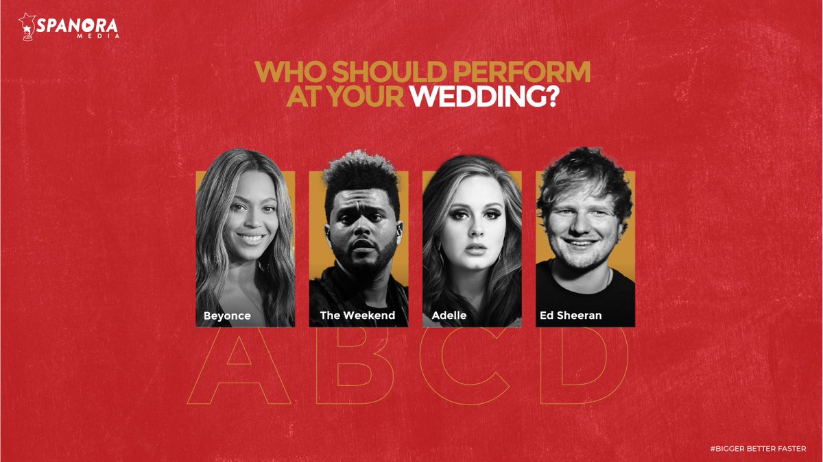 SpanoraMedia's tweet photo. Who should perform at your wedding?

#Beyonce #TheWeeknd #Adelle #EdSheeran

#SpanoraBack #TheSpanoraWay 

#Photography #Videography #Audio #CommunicationDesign #DigitalMarketing https://t.co/RTBnZnPGAC