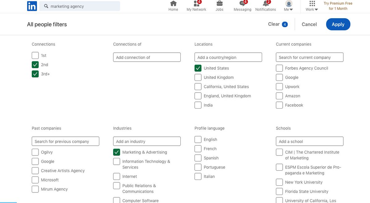 3/ LinkedIn SearchesLet's scrape marketing agencies.Go to LinkedIn and type in "marketing agency" (just an example)Click "all filters"Connections: 2nd, 3rdLocation: USIndustry: Marketing & AdvertisingTitles: owner OR founder OR CEO OR CMOReady?Let's scrape it