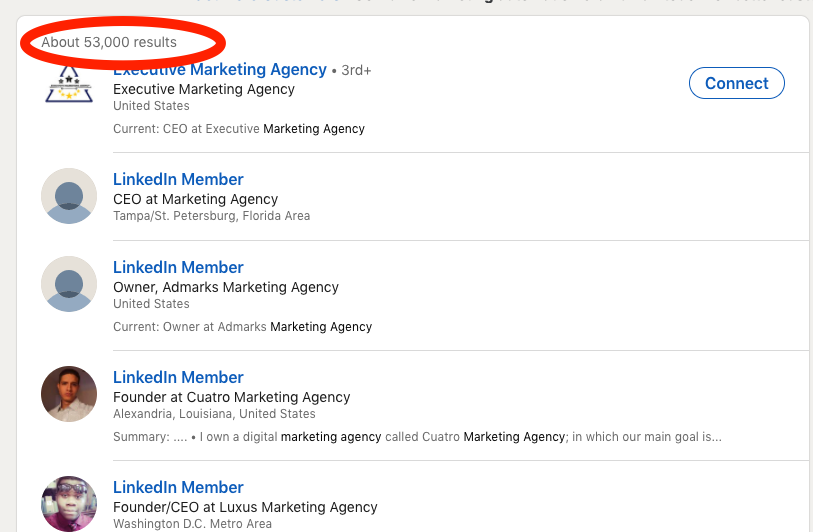 3/ LinkedIn SearchesLet's scrape marketing agencies.Go to LinkedIn and type in "marketing agency" (just an example)Click "all filters"Connections: 2nd, 3rdLocation: USIndustry: Marketing & AdvertisingTitles: owner OR founder OR CEO OR CMOReady?Let's scrape it