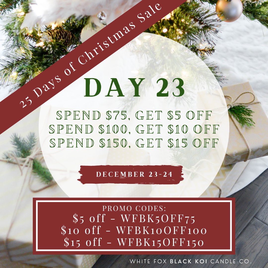 Day 23 of our 25 Days of Christmas Sale is here! This sale only lasts from December 23-24 ✨

🎄 Spend $75, Get $5 off w/ code: WFBK5OFF75
🎄 Spend $100, Get $10 off w/ code: WFBK10OFF100
🎄 Spend $150, Get $15 off w/ code: WFBK15OFF150

⭐️ Shop Now &gt;&gt; whitefoxblackkoi.com