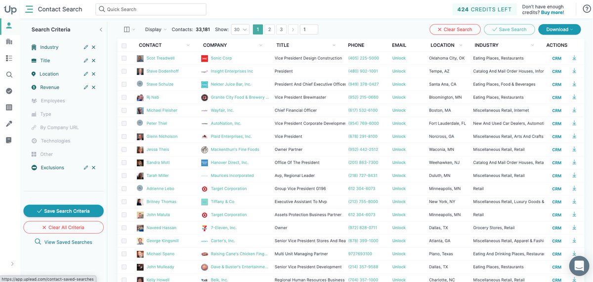 5/ EnterpriseAre you selling absolutely massive packages to giant companies?Use Uplead.Just found direct emails VP / C level execs of retails stores in the US with $50M+ revenue. There's 33,181.Congratulations, you never have to worry about leads again.