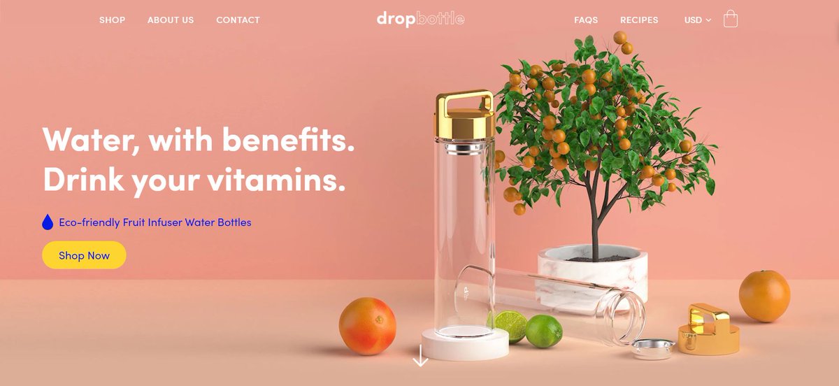 2. Gold Drop BottleThis page is amazing. Soothing colors mixed with healthy items that you might be putting in your bottle.They're selling the idea of healthy flavored water. The audience is drawn to the idea and the way it's showcased.Who wouldn't want to read more?