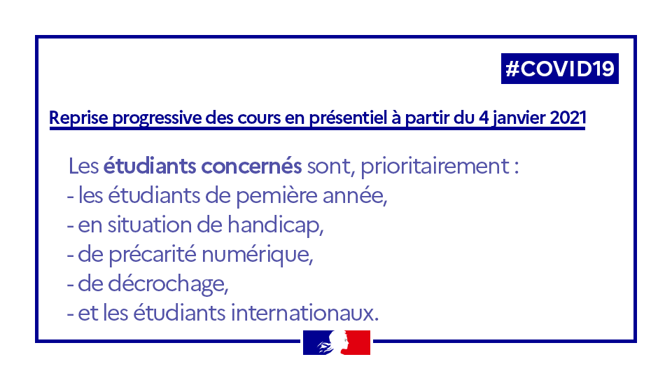 sup_recherche's tweet photo. #Covid19 | La reprise progressive à partir du 4 janvier 2021, des enseignements en présentiel, concerneront les étudiants les plus fragilisés par la crise sanitaire.
Précisions👉https://t.co/F8bskRyZit https://t.co/LXgpB8vBKW