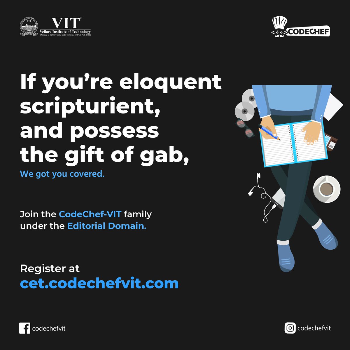 codechefvit's tweet image. Think you’ve got what it takes to be a part of CodeChef-VIT and curate awesome projects that can inspire minds and organize events that nobody forgets? Well, grab your laptops and buckle up for an exhilarating ride! Register on the portal now!

Link: cet.codechefvit.com