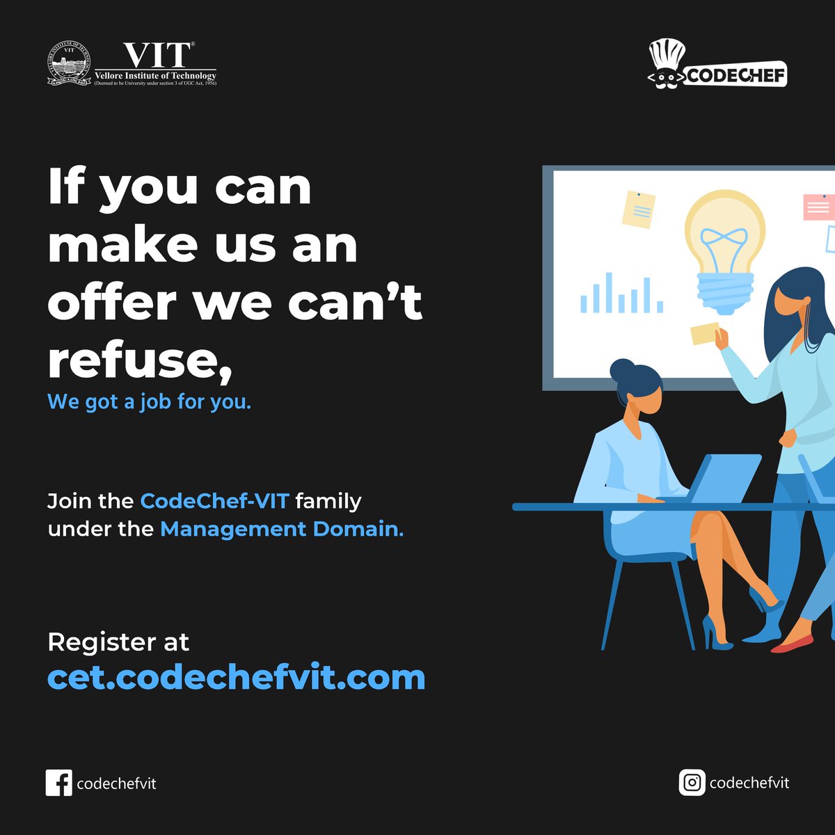 codechefvit's tweet image. Think you’ve got what it takes to be a part of CodeChef-VIT and curate awesome projects that can inspire minds and organize events that nobody forgets? Well, grab your laptops and buckle up for an exhilarating ride! Register on the portal now!

Link: cet.codechefvit.com