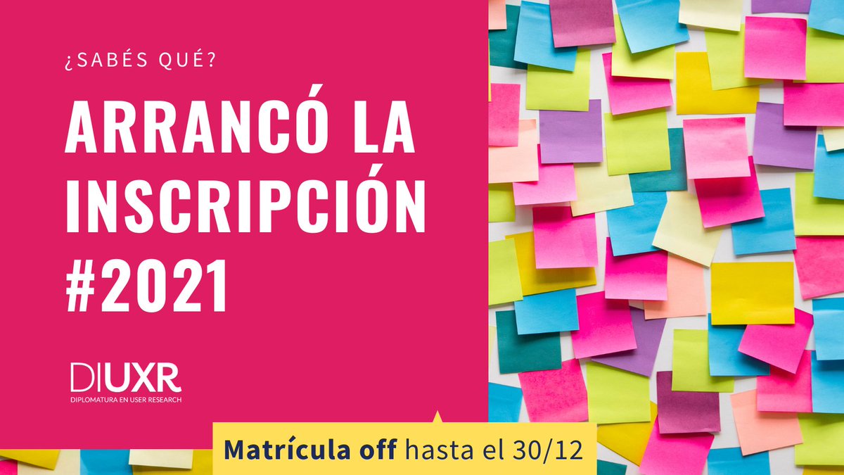 📅 Abrimos inscripción #2021 para la Diplomatura en Investigación de Usuarios  

 🎁 100% matrícula bonificada hasta el miércoles 30 de diciembre. 

Reservá tu lugar:

 54.9.11.2273.2893
✉️   educacion.continua@ub.edu.ar