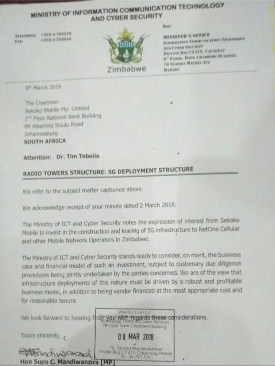 13. After I had left  @NetOneCellular , ex-ICT Minister corruptly issued mandate below for construction of towers for  @NetOneCellular. Minister has no such powers as it is a procurement matter, government by Procurement Act!  @matandamoyo  @MoJLPA  @ZACConline  @thabani_vusa  @JSCZim