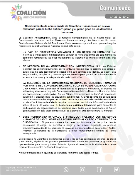 fosdeh's tweet photo. Nombramiento de comisionada de Derechos Humanos es un nuevo obstáculo para la lucha anticorrupción y el pleno goce de los derechos humanos.
#BastaYa
#NoMasCorrupción
#ListaEngle https://t.co/uQTfTtAFe9