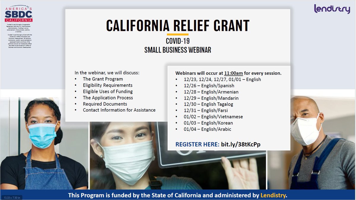 SDSBDCNetwork's tweet photo. Thank you to @CaliforniaOSBA @CAGoBiz @CAgovernor the $500 million California Relief Grant is rolling out today. The first round of applications opens Dec 30, but webinars on how to apply will be every day at 11 am. https://t.co/UTjGTuK7Cf @lendistry https://t.co/7JrD2L5eJz
