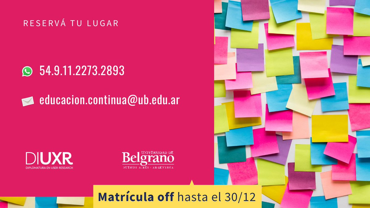 📅 Abrimos inscripción #2021 para la Diplomatura en Investigación de Usuarios  

Conocé + sobre los contenidos DIUXR #2021 
👉🏻 bit.ly/34wUugD

Reservá tu lugar:

 54.9.11.2273.2893
✉️   educacion.continua@ub.edu.ar