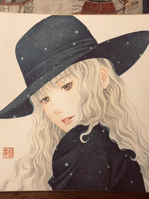 昨日の絵を完成させる。カケアミがボールペンなのでやや荒いが、この紙なら色紙でもそこそこのクオリティで描けることはわかった。クリスマスっぽく雪の中振り向くミュー。

それでは皆さんおやすみなさい。良い夢を(・'з`・) 