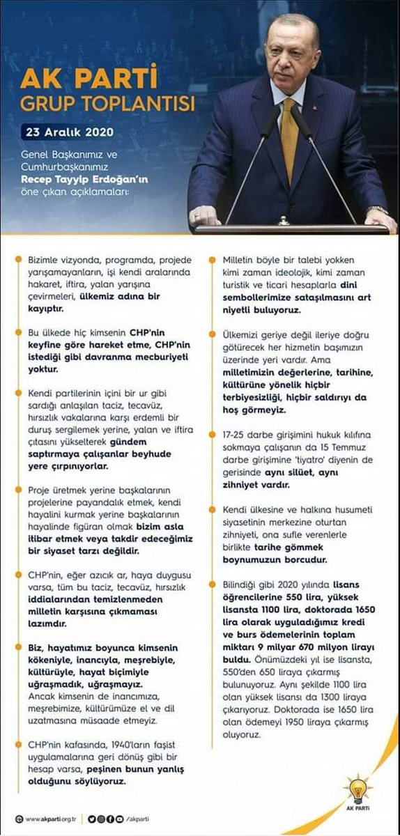 Genel Başkanımız ve Cumhurbaşkanımız Sayın Recep Tayyip Erdoğan'ın TBMM Grup Toplantımızdaki öne çıkan açıklamaları.