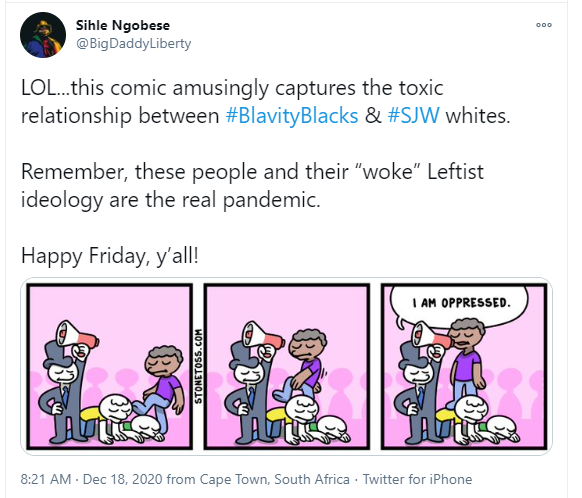 An absolute masterclass in how to be a pathetic grifter hack.Stretch those limbs, get ready for some serious mental gymnastics and peer into the mind of reactionary activist Sihle Ngobese:Step 1: repeatedly post comics by a wildly anti-Semitic and racist cartoonist: