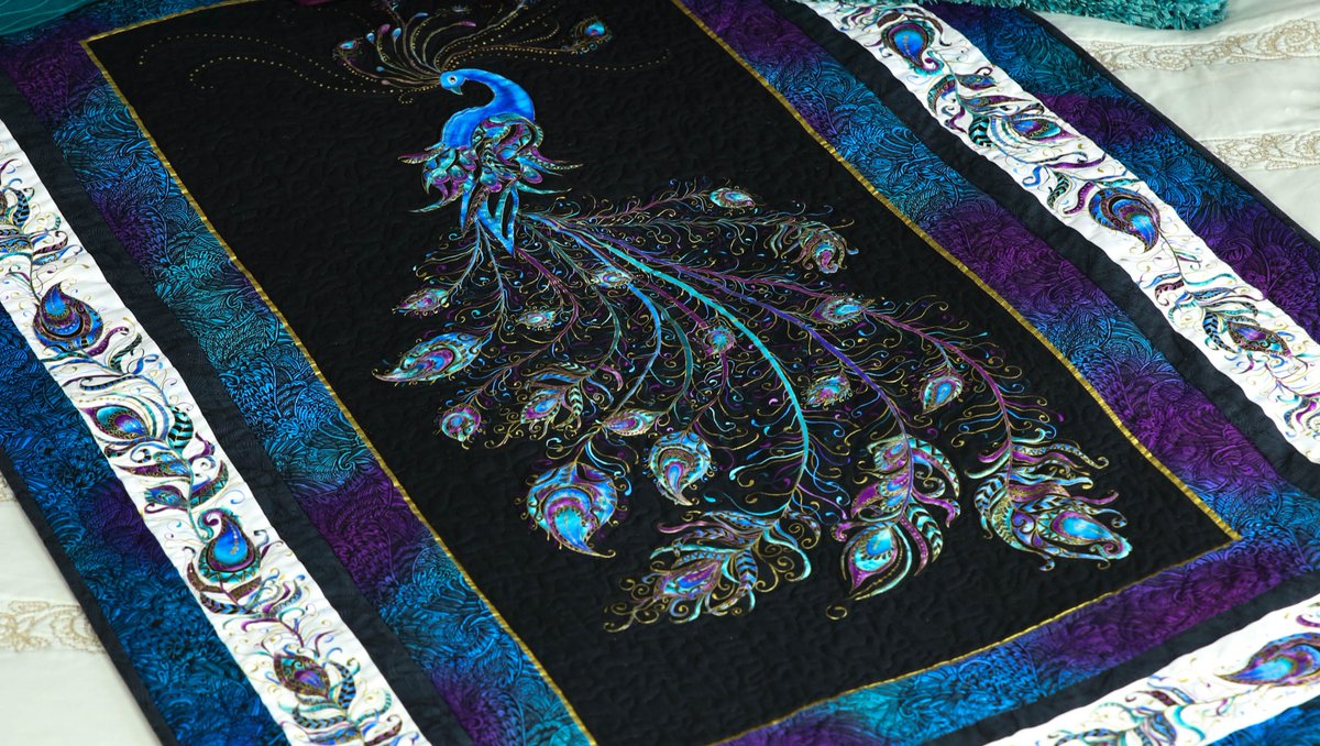 Benartex's tweet photo. The highlight is an elegant 24 inch panel of a gorgeous peacock with a graceful tail – a design you will want hanging on your wall. Using Ann's free pattern (Peacock Pizazz) simply border the beautiful panel with borders for a stunning wall quilt! https://t.co/VQ7p2A7e7G https://t.co/dyPoSInODe