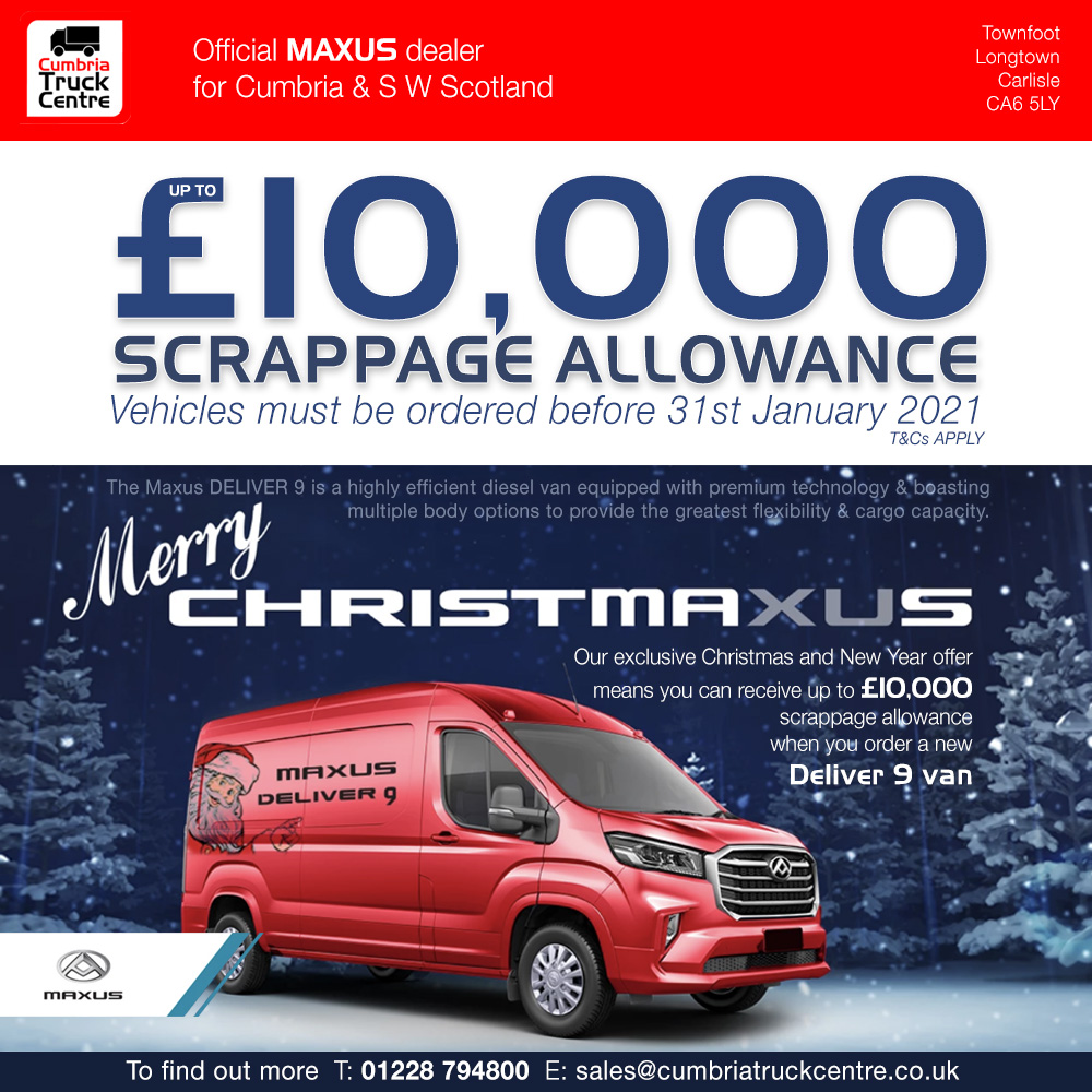 Make it a Merry MAXUS Christmas!!

Order a new MAXUS eDELIVER9 from Cumbria Truck Centre and get up to £10,000 Scrappage Allowance - but be quick! #cumbriatruckcentre #maxus