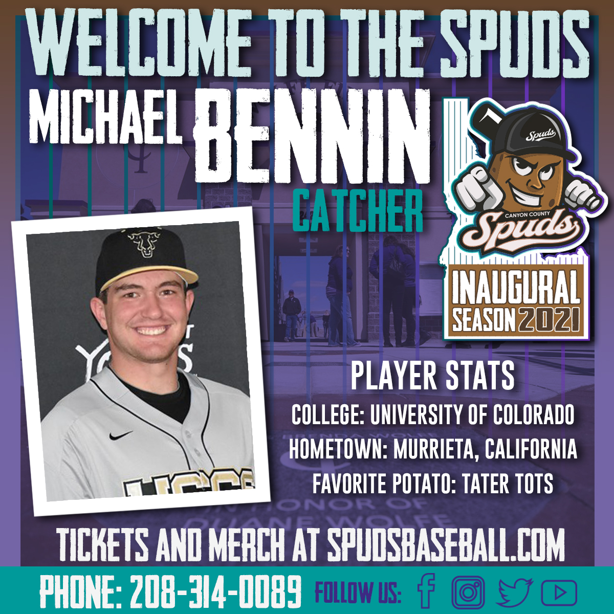 spudsbaseball's tweet photo. From the University of Colorado, please welcome... the "Tater Slammer" Michael Bennin. @Michael_Bennin 
#spuds #taternation #spudstickets https://t.co/2I2oqeSGeb
