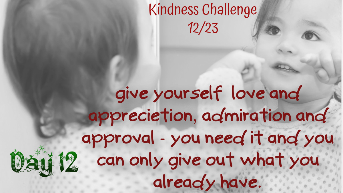 Alright everybody, it's the last days of the #12DaysofKindness challenge. The voice we believe most is our own, so give yourself the acceptance, approval, and appreciation you have been giving others. You are worthy of kindness, especially from yourself.

Happy Holidays.