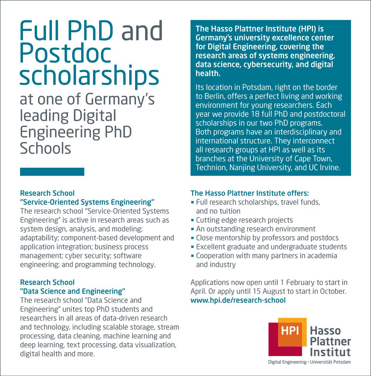 Hasso Plattner Institute is looking for excellent PhD candidates and PostDocs for our two research schools: hpi.de/en/research/re…