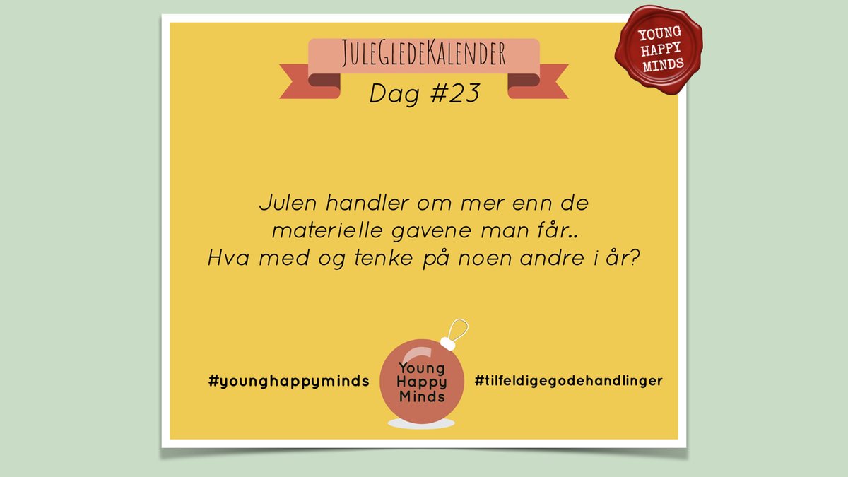 Dag 23: Jul handler ikke bare om gaver, men hvis du fremdeles leter etter den perfekte til en du er glad i, så har vi noen forslag! Gå inn på Instagram eller Facebook siden vår for å lære mer!😃❤️🎄

#tilfeldigegodehandlinger #younghappyminds