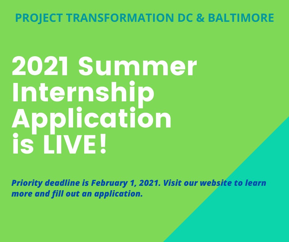 projtranDC's tweet photo. Our internship application for Summer 2021 is open! Apply here: https://t.co/7G9nwGuK0k https://t.co/fqVJ2Lx5fz