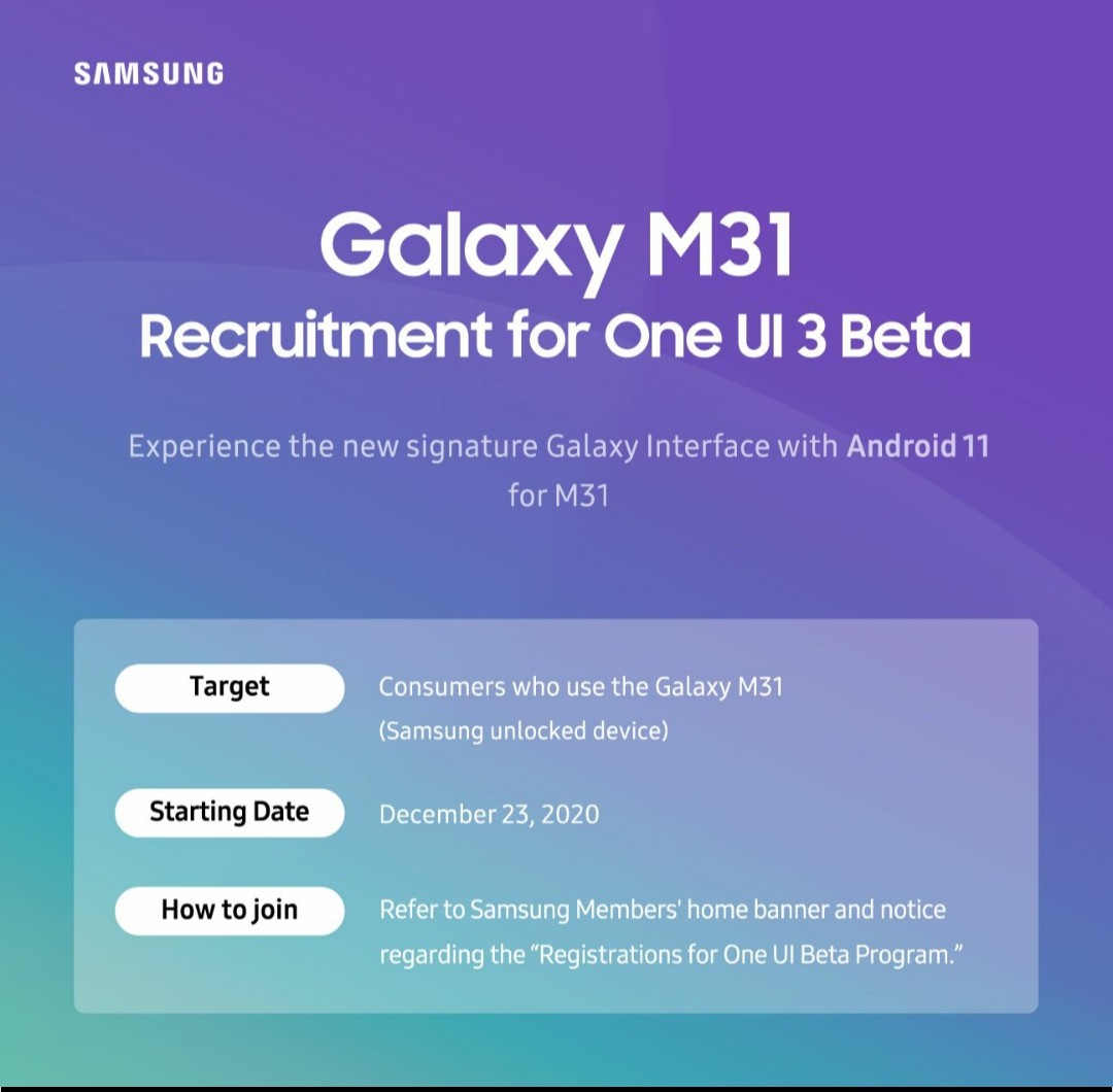 imustafasanaul's tweet photo. Samsung opens One UI 3 beta program for its Galaxy M31
#Samsung #GalaxyM31 #AndroidR #android11 #OneUI3 #Google https://t.co/UQ7nN8lGvI