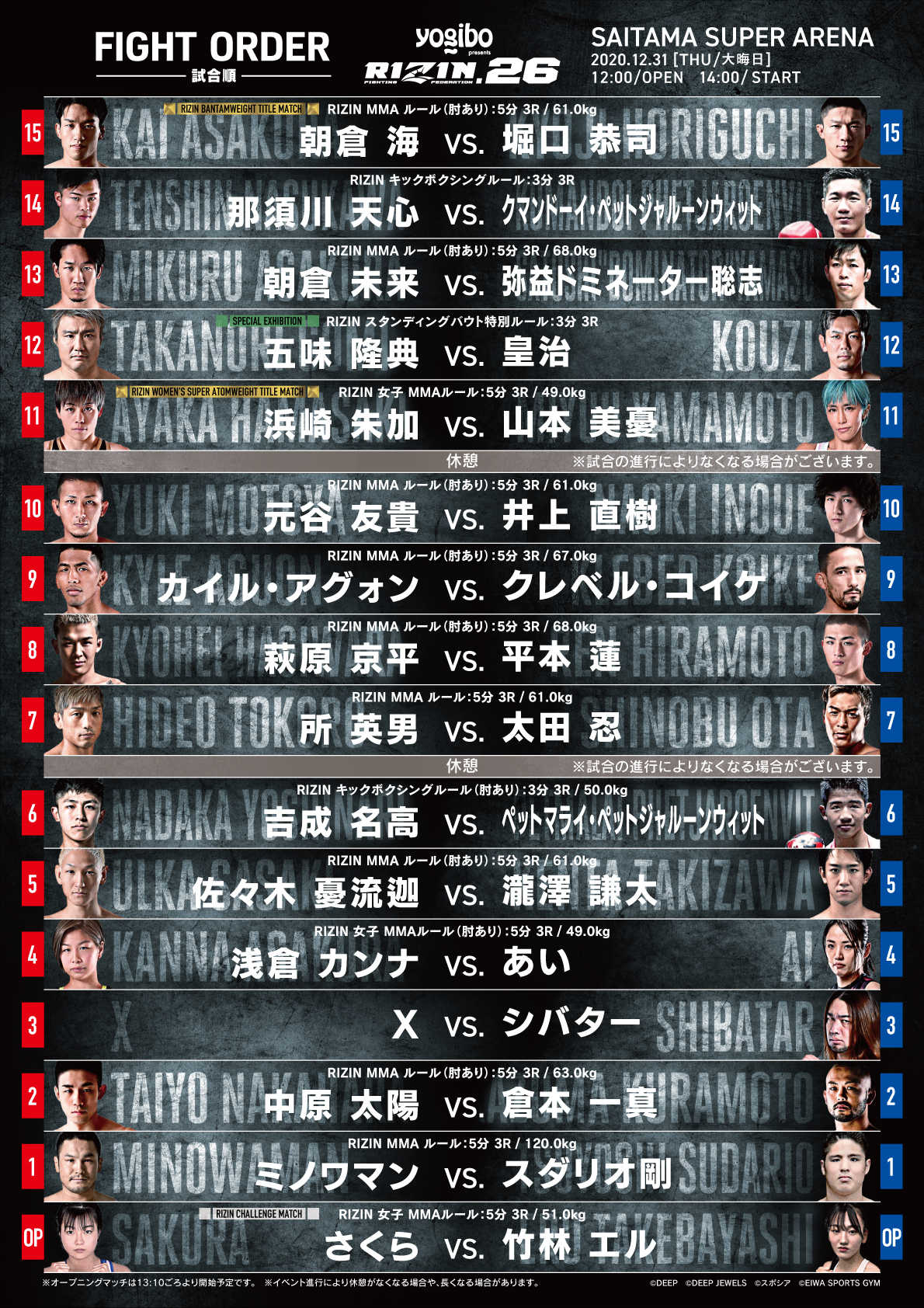 Rizin Ff Official Rizin26 試合順決定 大晦日は格闘技 会場 地上波 Rizin Live スカパー でlive観戦をお楽しみ下さい 放送 Ppv フジテレビ系列全国放送 31日 18 00 Rizin Live お得な前売り 販売中 T Co