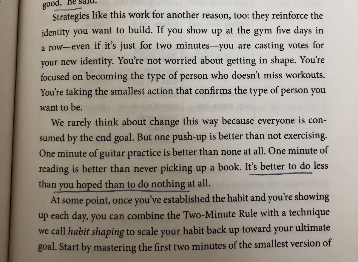 Best books I read in 20201. Atomic Habits by  @JamesClear“If you show up at the gym 5 days in a row—even for 2 minutes—you're casting votes for your new identity. You’re not worried about getting in shape. Youre focused on becoming the type of person who doesn’t miss workouts”