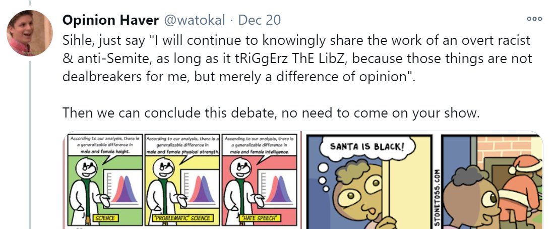 Step 7: getting called out for being an apologist for anti-Semitism & racism as long as it fits your narrative?Sounds like an opportunity to create some content for your talkshow!Invite the cartoonist and a Twitter anon onto your show to discuss the merits of race realism.
