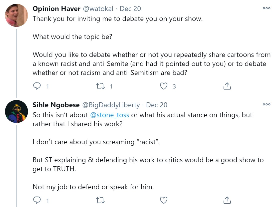 Step 7: getting called out for being an apologist for anti-Semitism & racism as long as it fits your narrative?Sounds like an opportunity to create some content for your talkshow!Invite the cartoonist and a Twitter anon onto your show to discuss the merits of race realism.