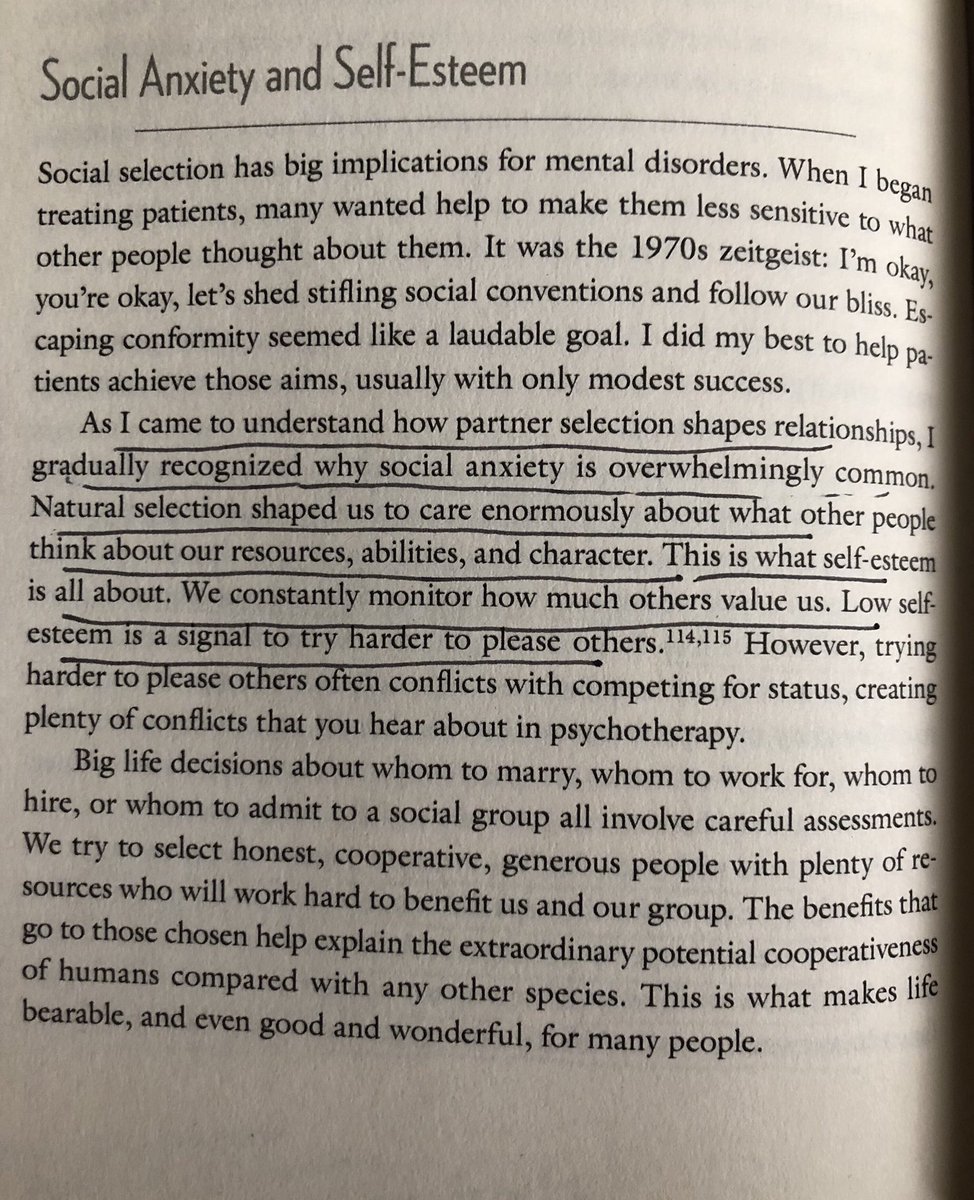 Good Reasons for Bad Feelings https://amzn.to/3nJqB4c 2. “social anxiety is overwhelmingly common. Natural selection shaped us to care enormously what other people think..We constantly monitor how much others value us..Low self-esteem is a signal to try harder to please others”