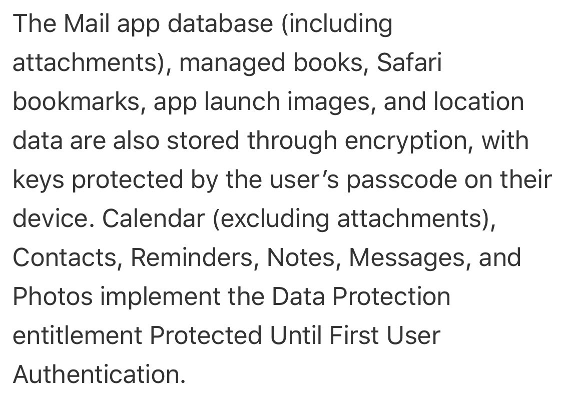 Apple *sort of* vaguely offers a list of the apps whose files get this special protection even in the AFU state. But notice how vague this language is. I have to actually decode it. 14/