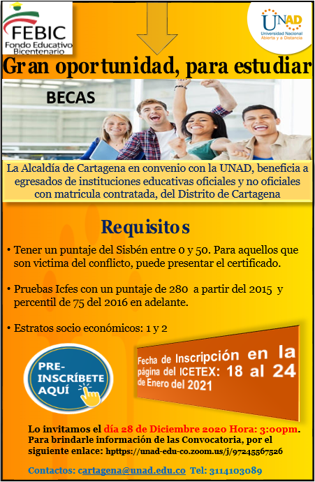 La UNAD Cartagena, te invita a una importante reunión, el día 28 de Diciembre del 2020 a las  3:00 pm. Para que conozcas las oportunidades que tiene para ti… Inscríbete aquí: bit.ly/3ro5R43 Convocatoria del Fondo Bicentenario y CERES (si cumples con los requisitos):