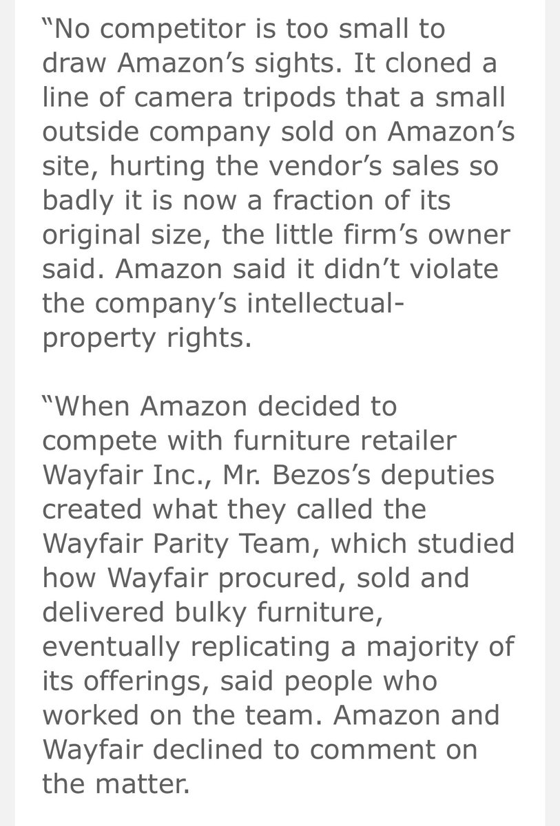 “Creative destruction,” they shout. A massive, highly-ideological monopoly with the ability to destroy any competitor (in any industry!) https://www.wsj.com/articles/amazon-competition-shopify-wayfair-allbirds-antitrust-11608235127