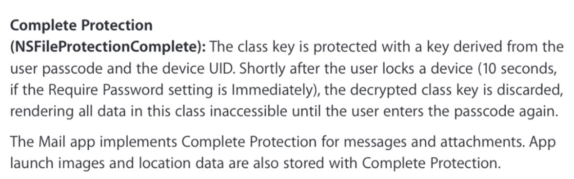 Here is a version of the same text from back in 2012. Notice how it explicitly states that “Mail, App Launch images, and Location Data” are protected using the strongest type of encryption.So it seems that Apple is actually protecting *less* data now than in 2012. Yikes. 16/