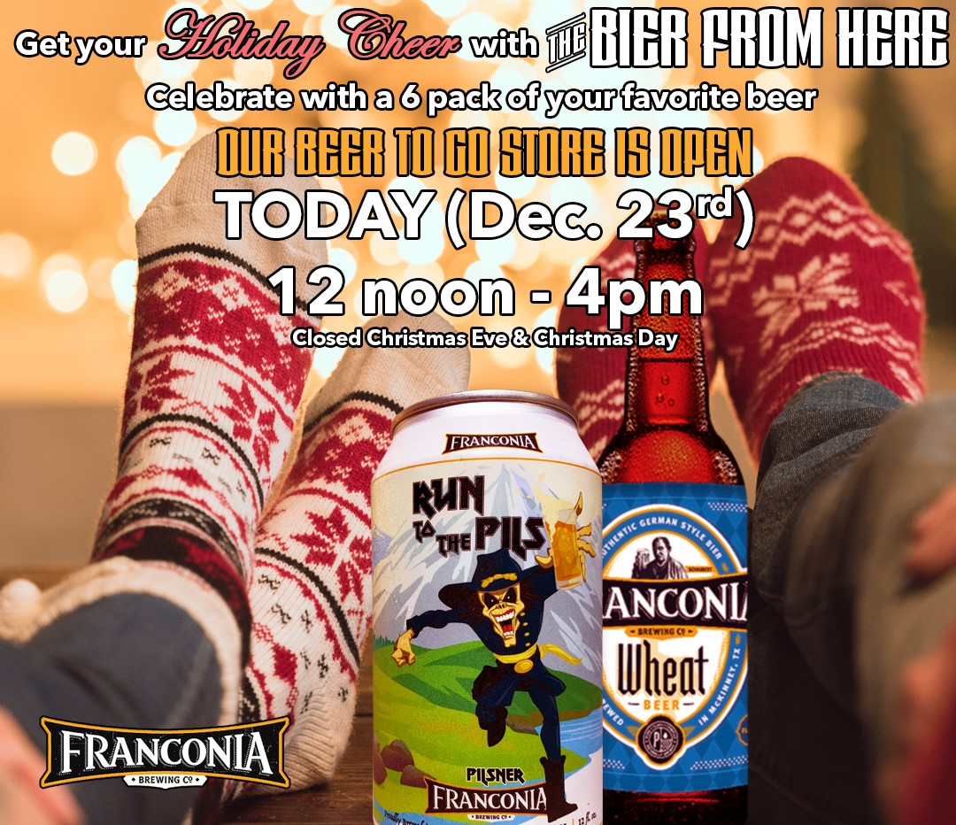 LAST CHANCE BEFORE CHRISTMAS to Grab a 6 pack of Holiday Cheer from The Bier From Here 🍻🍻🍻 🍻🍻🍻. The Beer 2 Go Store is Open TODAY (Dec. 23rd) 12 - 4pm!

We’ll be closed Christmas Eve and Christmas Day.