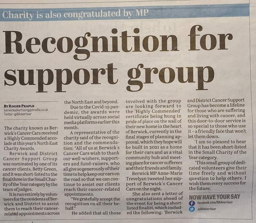 BwkCancerCars's tweet photo. A nice article in this weeks Berwick Advertiser highlighting our recent Award nomination. 😁

#localnewspaper #BariBerwick #BerwickCancerCars https://t.co/49KDfz0ehI