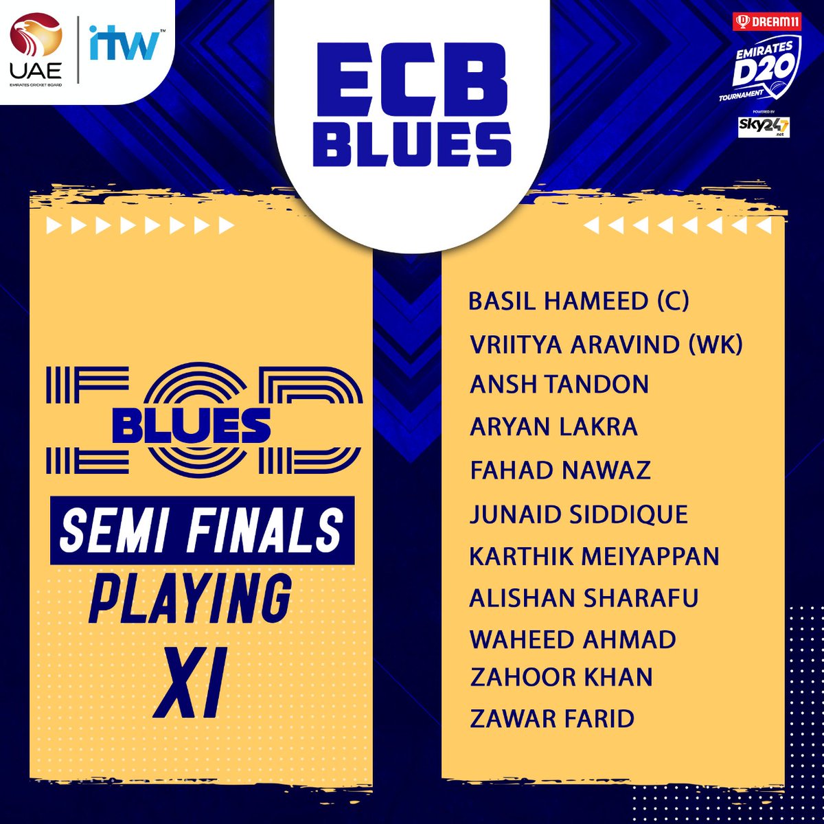 EmiratesCricket's tweet photo. &amp; now the #PlayingXI lists for @Dream11 #EmiratesD20 second Semi-Final.

#ECBBlues v #Sharjah

Just a bit EXCITED! https://t.co/6GQgHsL6Ym