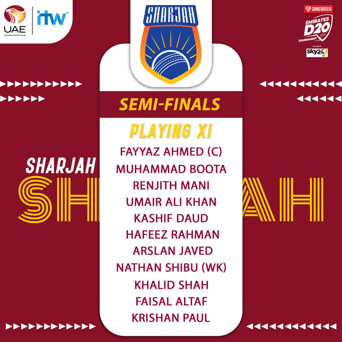 EmiratesCricket's tweet photo. &amp; now the #PlayingXI lists for @Dream11 #EmiratesD20 second Semi-Final.

#ECBBlues v #Sharjah

Just a bit EXCITED! https://t.co/6GQgHsL6Ym