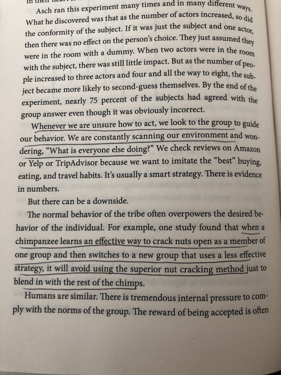 “when a chimpanzee learns an effective way to crack nuts open as a member of one group and then switches to a new group that uses a less effective strategy, it will avoid using the superior nut cracking method just to blend in with the rest of the chimps”  https://amzn.to/3eKu26n 