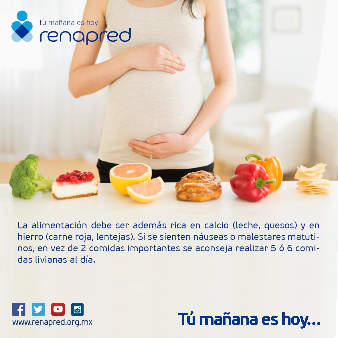 La alimentación debe ser además rica en calcio (leche, quesos) y en hierro (carne roja, lentejas). Si se sienten náuseas o malestares matutinos, en vez de 2 comidas importantes se aconseja realizar 5 ó 6 comidas livianas al día. Visita: renapred.org.mx
