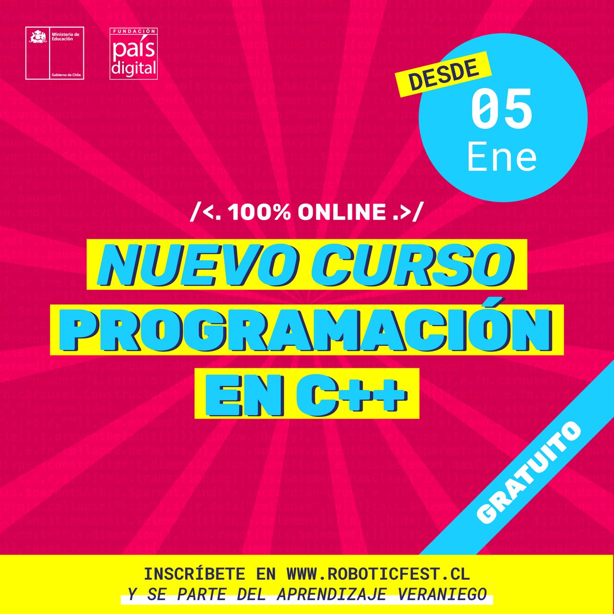 Mineduc's tweet image. ¡Nuevos cursos de programación 👌! Aprende sobre C++ con #RoboticFest 🤖 en un curso de verano diseñado especialmente para estudiantes de 12 a 19 años 🙋🙋‍♀️, gratuito y online 💻.

📍Reserva tu cupo en roboticfest.cl
📅 Inicia el 5 de enero