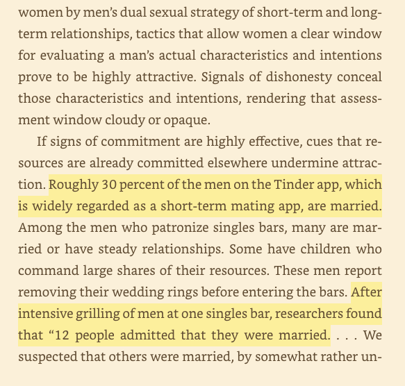 The Evolution of Desire by  @ProfDavidBuss“Roughly 30 percent of men on the Tinder app, which is widely regarded as a short-term mating app, are married.” https://amzn.to/2OKxxOA 